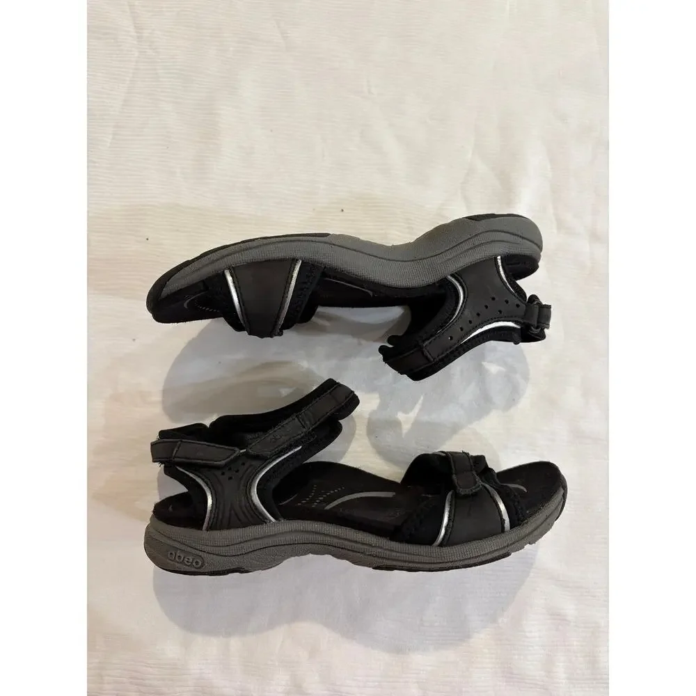Abeo Goleta Sandals Black Silver Trim Leather Comfort Thong Womens 6 Narrow